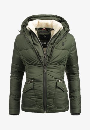 Oliven grønn pufferjakke med hette med faux pels, glidelåslukking foran og to glidelåslommer. Har quiltet tekstur og mykt interiør.