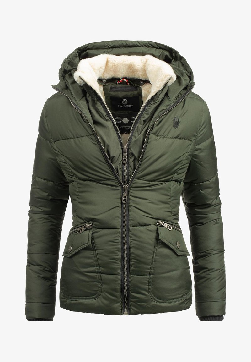 Olive green puffer jacket with a faux fur-lined hood, zippered front, and two zippered pockets. Features quilted texture and soft interior.