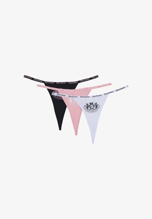 Three thongs in black, pink, and white fabrics with narrow straps. Each features a distinctive logo design on the front waistbands.