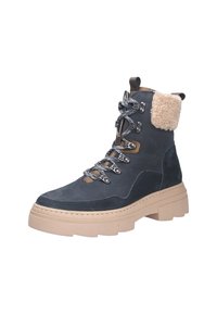 Stivale alla caviglia in suede blu scuro con colletto in pelliccia sintetica beige, lacci grigi, hardware argento e suola spessa. Presenta dettagli cuciti.