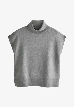 Pelēks, bez piedurknēm džemperis ar augstu ribotu apkakli. Izgatavots no mīksta materiāla, tam ir taisnstūrveida forma un ribots malējais apšuvums apakšā.