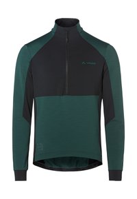 Maillot de cyclisme à manches longues en vert foncé et noir, avec un zip quart, des panneaux contrastants et un tissu doux et texturé pour le confort.