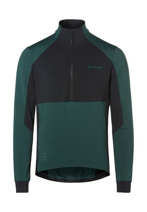 Langärmliges Radtrikot in dunklem Petrol und Schwarz, mit einem Viertelreißverschluss, kontrastierenden Einsätzen und weichem, strukturiertem Stoff für zusätzlichen Komfort.