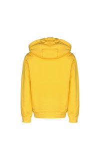 Felpa gialla realizzata in tessuto morbido, caratterizzata da un ampio cappuccio, maniche lunghe e polsini e orlo a coste. Colore semplice e uniforme, senza motivi.
