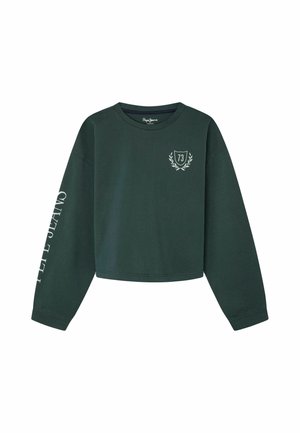 Sudadera corta de manga larga en verde oscuro con cuello redondo, logo escudo blanco "73" en el pecho y texto blanco "PEPE JEANS" en la manga izquierda.