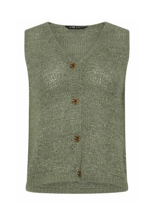 Gilet sans manches vert olive en tricot avec col en V et quatre boutons bruns sur le devant, doté d'un tissu texturé et respirant.