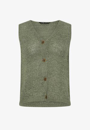 Gilet sans manches vert olive en tricot avec col en V et quatre boutons bruns sur le devant, doté d'un tissu texturé et respirant.