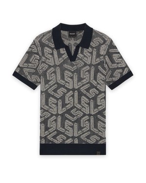 Polo à manches courtes à motifs noir et blanc avec un col, des poignets de manches, et un ourlet unis noirs.