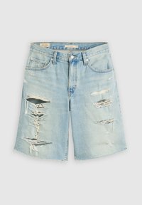 Light blue denim shorts with multiple large distressed holes and frayed edges on front, featuring front pockets and belt loops.