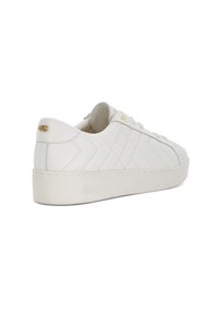 White leather sneaker with quilted texture, round toe, flat sole, and gold accents. Features a low-top design and lace-up closure.