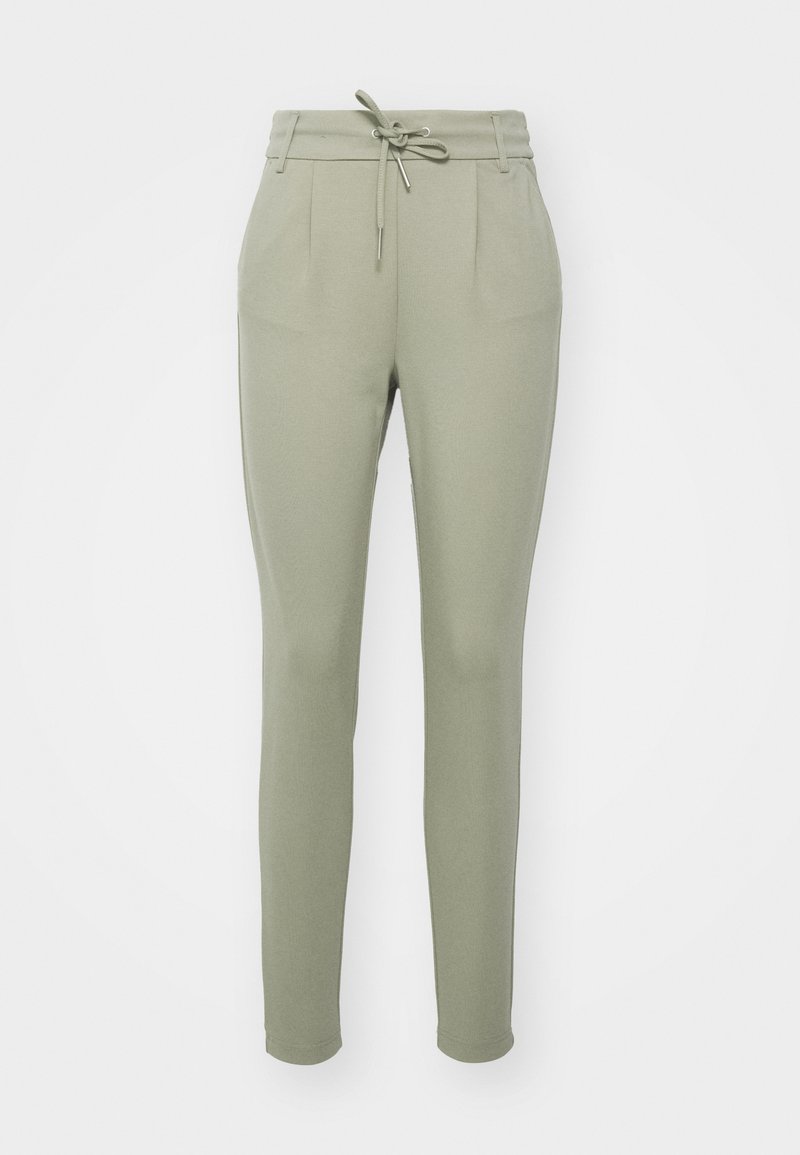 Hellgrüne tapered Hosen mit einem Kordelzugbund, Frontfalten und elastischen Bündchen, aus weichem, glattem Stoff gefertigt.