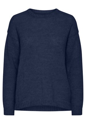 Mornarsko modra pletena jopica z dolgimi rokavi, okroglim izrezom in rebrastim robom. Mehka tekstura z običajnim krojem in kontrastnimi manšeti.