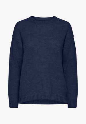 Mornarsko modra pletena jopica z dolgimi rokavi, okroglim izrezom in rebrastim robom. Mehka tekstura z običajnim krojem in kontrastnimi manšeti.
