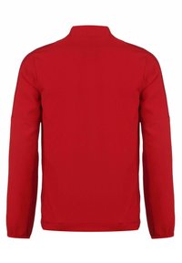 Rote Jacke mit langen Ärmeln und Stehkragen, aus glattem Stoff. Hat eine einfarbige Gestaltung ohne Muster oder sichtbare Hardware.