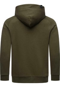 Olive green hoodie with a drawstring hood, long sleeves, and ribbed cuffs and hem. Smooth texture, minimalistic design, no visible logos.