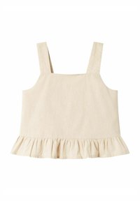 Ljusbeige ärmlös topp i texturerad tyg, med fyrkantig halsringning och en volangnert längs nederkanten.