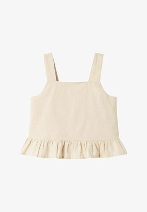 Haut sans manches beige clair en tissu texturé, avec un décolleté carré et un ourlet à volants en bas.