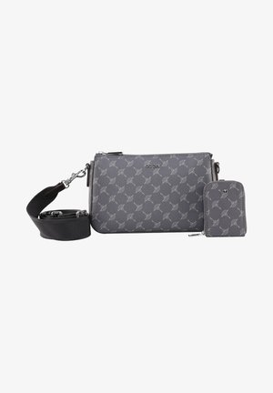 Sac bandoulière gris et petite pochette zippée assortie, tous deux avec un motif floral clair répétitif et une sangle en tissu noire détachable.