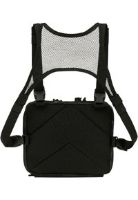 Black backpack with mesh straps, rectangular shape, padded back, and zippered compartment. Features diagonal stitching and adjustable buckles.