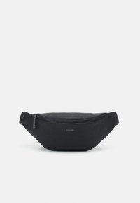 Black leather fanny pack with a textured surface, curved shape, front zip closure, and a logo detail. Ideal for casual wear or outdoor use.
