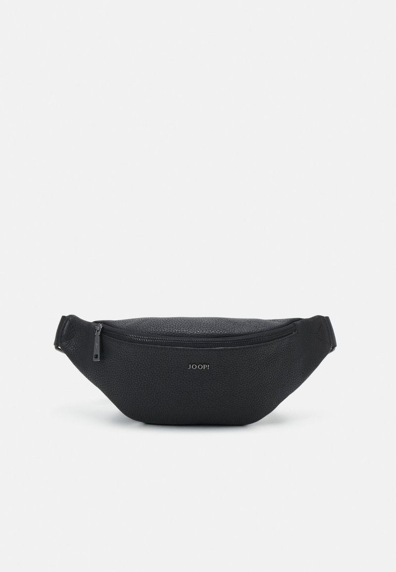 Black leather fanny pack with a textured surface, curved shape, front zip closure, and a logo detail. Ideal for casual wear or outdoor use.