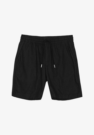 Mustat rento-housut, joissa on joustava vyötärönauha ja kiristysnauha, sivutaskut ja väljä istuvuus.