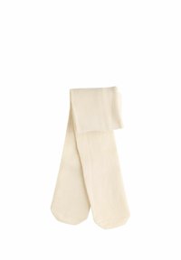 Beige knæhøje sokker lavet af blødt, glat materiale med en ribbet tekstur øverst. Har en rund tå og en sømløs design.