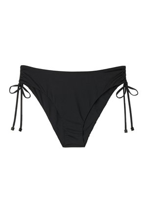 Czarne majtki bikini z marszczeniami po bokach, z regulowanymi zawiązaniami na biodrach i gładkim elastycznym materiałem.