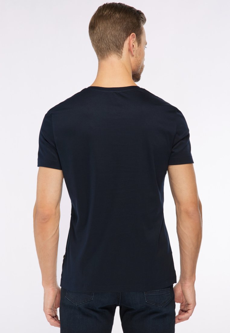 Navyblaues Baumwoll-T-Shirt mit kurzen Ärmeln, einfachem Rundhalsdesign und glatter Textur, von hinten präsentiert.