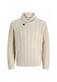 Helles beiges Kabelstrickpullover mit Schalkragen, einem einzelnen schwarzen Knopfverschluss und gerippten Bündchen und Saum. Strukturmuster auf der ganzen Fläche.