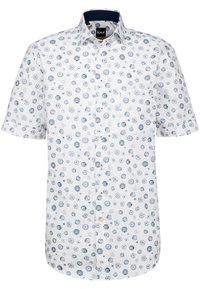 Kurzarm-Hemd mit Knöpfen aus weißer Baumwolle, das mit einem blauen kreisförmigen Blumenmuster versehen ist. Enthält eine aufgesetzte Tasche und einen marinen Kragenfutter.