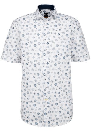 Camicia button-up a maniche corte in cotone bianco con un motivo floreale circolare blu. Include una tasca applicata e un rivestimento del colletto blu navy.