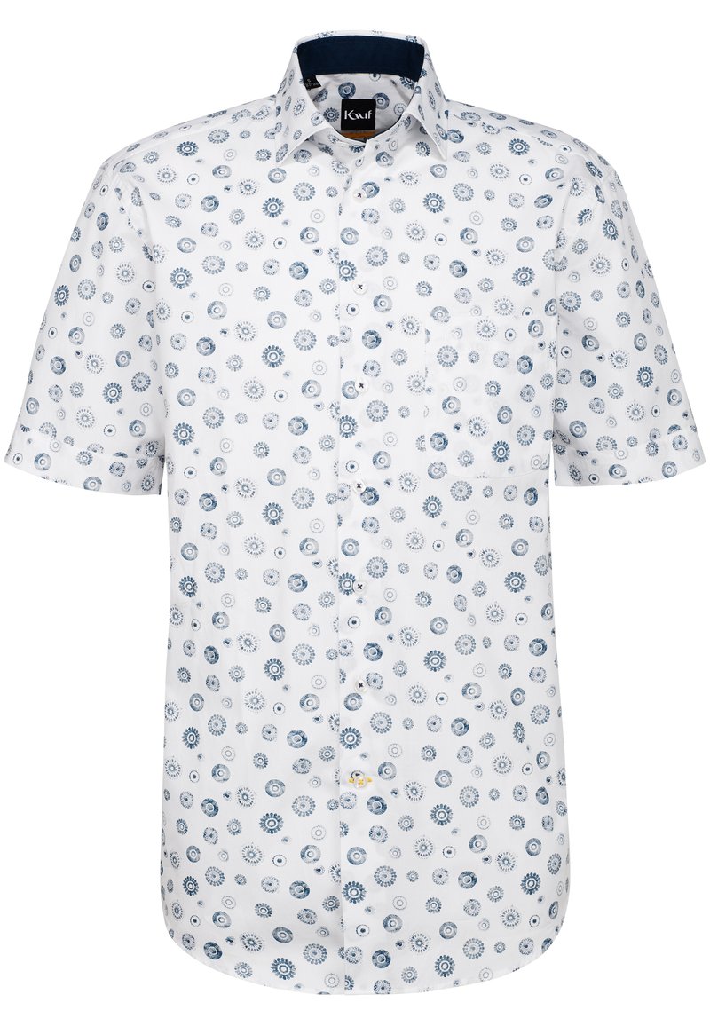Kurzarm-Hemd mit Knöpfen aus weißer Baumwolle, das mit einem blauen kreisförmigen Blumenmuster versehen ist. Enthält eine aufgesetzte Tasche und einen marinen Kragenfutter.