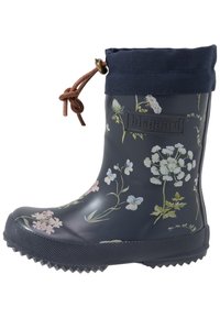 Botte de pluie en caoutchouc bleu marine avec imprimé floral dans des couleurs pâles, surface texturée, semelle en caoutchouc gris avec motif en zigzag, cordon de serrage ajustable en haut.