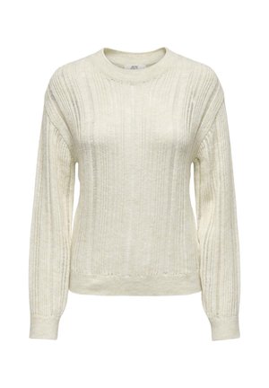 Light cream sweater with ribbed texture, crew neck, and long sleeves. Features a relaxed fit and soft, knit material.
