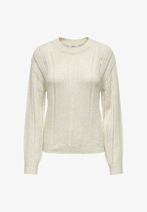 Pulover de culoare crem deschis, cu textură ribbed, gât rotund și mâneci lungi. Are o croială lejeră și un material moale, tricotat.