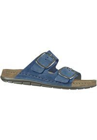 Sandal in suede blu con due fibbie argentate regolabili, soletta texturizzata color nocciola e suola flessibile in gomma grigia.