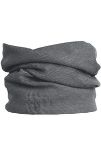 Fular tubular gri, realizat dintr-un material cu textură ribbed, având un design stratificat, cu o textură moale și un model uniform pe întreaga suprafață.