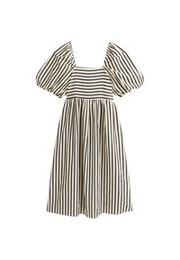 Gestreiftes Kleid in Creme und Schwarz, mit quadratischem Ausschnitt, Puffärmel und einem ausgestellten Rock mit Raffungen für mehr Volumen.