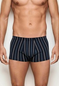 Mužský trup a horní část nohou v námořnických boxerách se svislými pruhy, stojící na neutrálním pozadí.