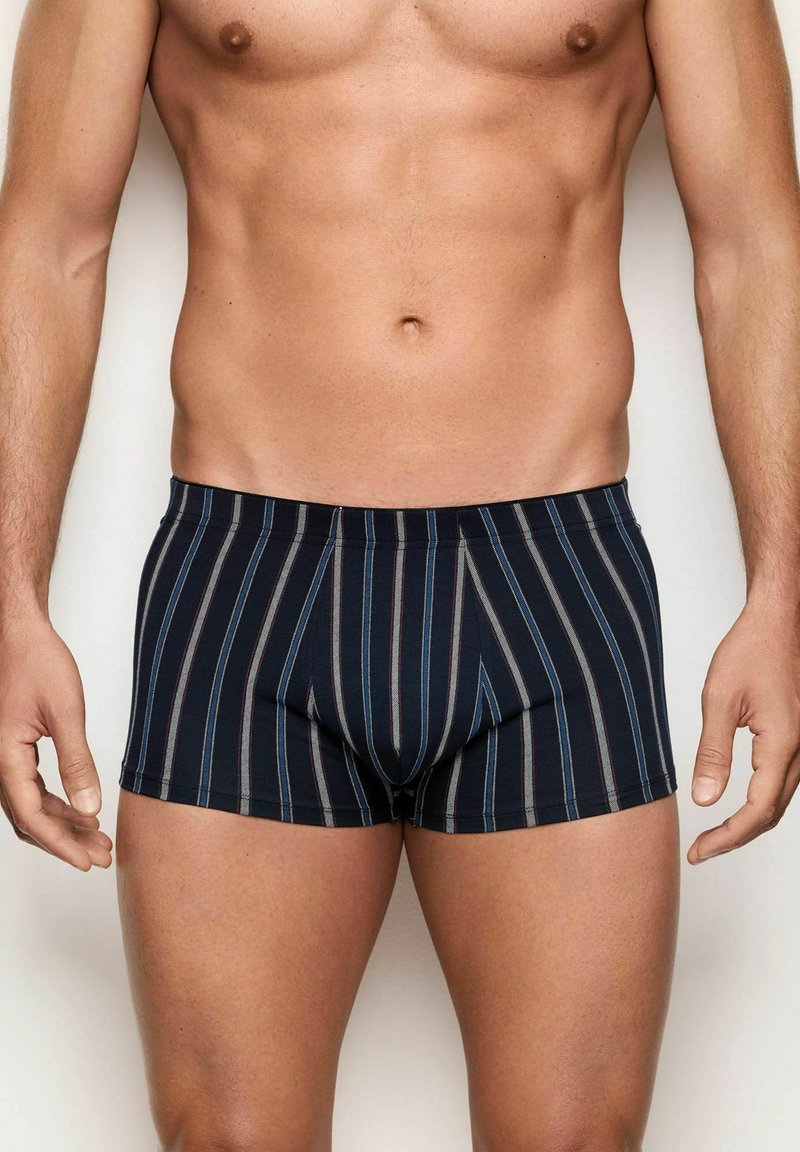 Mužský trup a horní část nohou v námořnických boxerách se svislými pruhy, stojící na neutrálním pozadí.