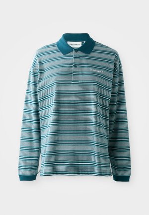 Polo a maniche lunghe a righe in teal e bianco. Presenta un colletto abbinato a tinta unita, una patta con bottoni e un logo ricamato sul petto.