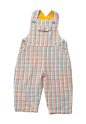 Checked cotton overalls in cream, featuring blue, red, and green plaid patterns. Includes pockets, buttons, and a yellow lining.