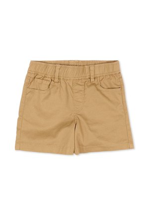Pantaloncini per bambini piccoli color kaki con vita elastica, passanti per cintura, tasche frontali e orlo dritto.