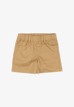 Shorts pour tout-petits de couleur kaki avec taille élastique, passants pour ceinture, poches avant et ourlet droit.