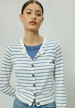 Jonge vrouw met bruin haar in een staart draagt een wit-blauw gestreept vest over een blauw gestreept shirt en blauwe jeans, staand tegen een effen achtergrond.