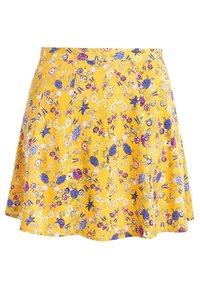 Gonna gialla con un motivo floreale che presenta fiori rosa, viola e blu. Tessuto morbido, design svasato con una vita.