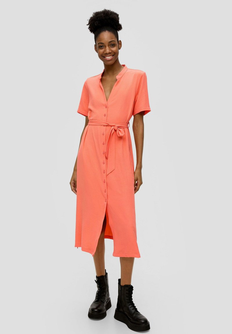 knee length dresses for ladies Orange and White Button Down Assymetrical Midi Shirt Dress