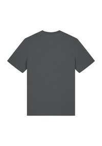 Dunkelgraues Kurzarm-T-Shirt mit rundem Halsausschnitt, aus glattem Stoff gefertigt. Die Rückansicht zeigt ein einfaches Design ohne Logos oder Grafiken.