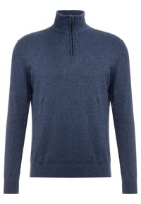 Pull-over bleu marine à demi-fermeture éclair, texture tricotée, manches longues, poignets et ourlet côtelés, tissu léger, design minimaliste.